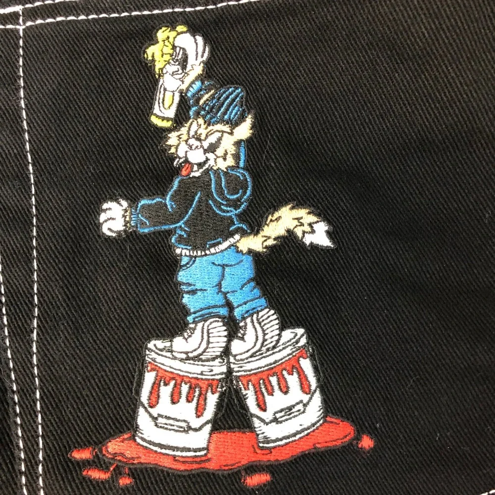 Empyre Black Pants Mens 34x30 Relaxed Skater Grunge Y2K Embroidered Graffiti Cat